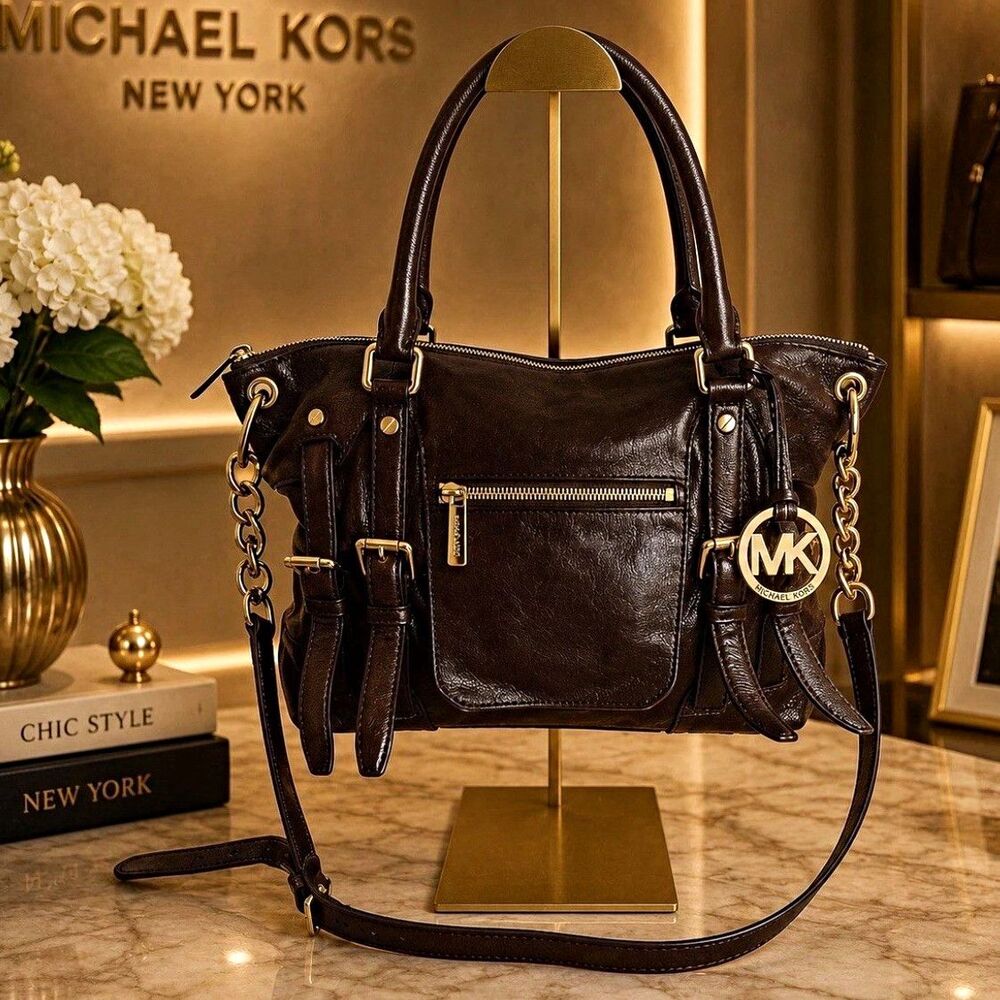 Michael Kors Brown Leather Satchel Shoulder Bag Gold Chain Crossbody Strap